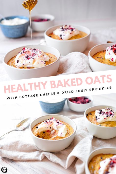 These Cottage Cheese Baked Oats are a healthy take on the viral TikTok baked oats recipe. Made with cottage cheese and topped with Greek yogurt and dried fruit sprinkles, they’re both nutritious and delicious! Baked Oats With Cottage Cheese, Baked Oats With Greek Yogurt, Whipped Cottage Cheese Overnight Oats, Baked Oatmeal With Cottage Cheese, Cottage Cheese Baked Oatmeal, Blended Cottage Cheese Overnight Oats, Cottage Cheese Oatmeal Bake, Cottage Cheese Baked Oats, Overnight Oats With Cottage Cheese