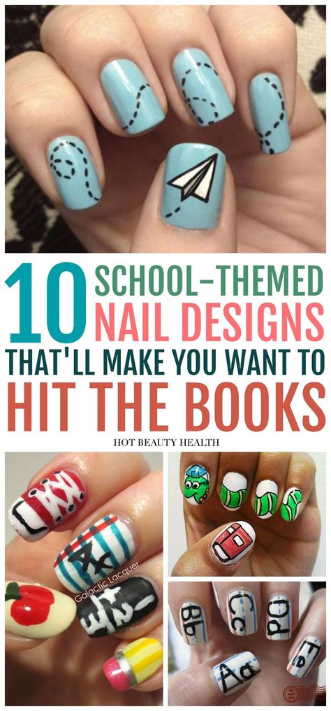 Getting ready for college or heading back to school? These school-themed nail designs are so creative, that they'll make you want to hit the books. Great ideas for teens, kids and even teachers! #hotbeautyhealth #backtoschoolnailart #nailart #diynails #diymani #fallnailart Fall Beauty Products, Summer Stiletto Nails, Getting Ready For College, Teacher Nails, Fall Beauty Trends, Ready For College, Kids Nail Designs, New Makeup Ideas, Kids Nails