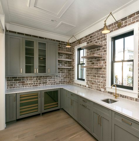 Sherwin Williams Classic French Gray Cabinet Color Sherwin Williams Classic French Gray Diy Brick Wall, Downstairs Bar, Farmhouse Addition, Lake Kitchen, House Renos, Kitchens Cabinets, A Brick Wall, Brick Backsplash, Grey Kitchen Cabinets