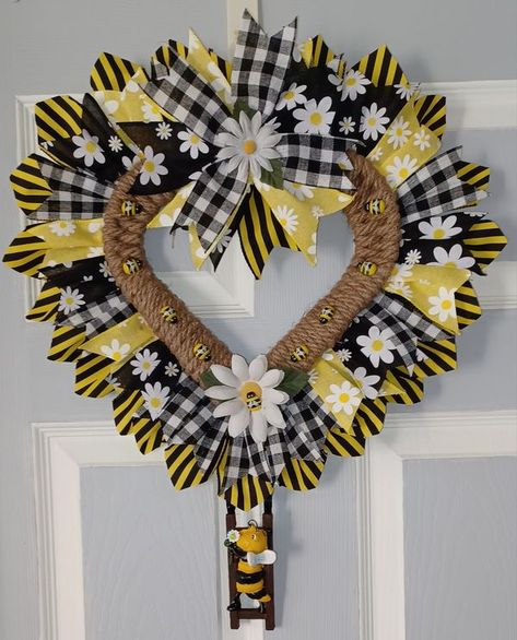 Dollar Tree Fanatics Crafts & Decor | Might be a little early for this one but hey I hope everyone had a Bee-utiful day | Facebook Heart Wreath Form, Barn Crafts, Bee Heart, Ribbon Wreath Christmas, Valentine Wreaths, Summertime Crafts, Sunflower Crafts, Deco Mesh Wreaths Diy, Wreath Sunflower