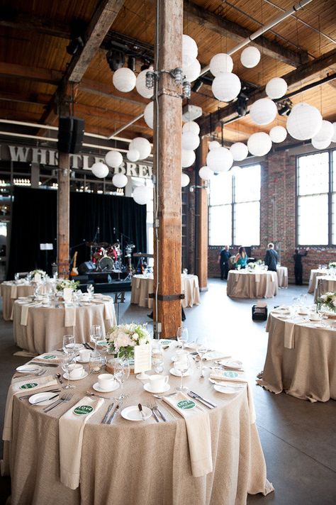 Burlap Table Cloth Ideas, Taupe Wedding Table Linens, Taupe Table Cloth Wedding, Round Table Linen Ideas, Taupe Tablecloth Wedding, Cream Table Cloth Wedding, Brewery Photography, Cream Napkins, Steam Whistle