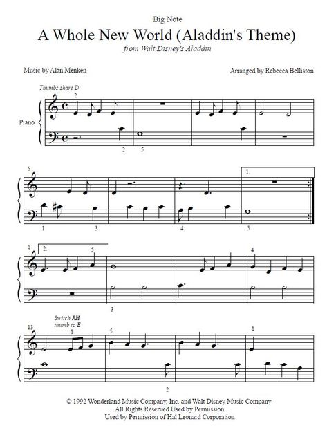 Big Note/Easy Piano beginner sheet music for "A Whole New World" from the movie Aladdin. Up Theme Piano Notes, Easy Disney Piano Sheet Music, Piano Notes Songs Disney, Easy Piano Sheet Music With Letters Disney, Disney Piano Sheet Music, Easy Disney Songs On Piano, Up Theme Piano Sheet Music, Beginner Sheet Music, Totoro Piano Easy