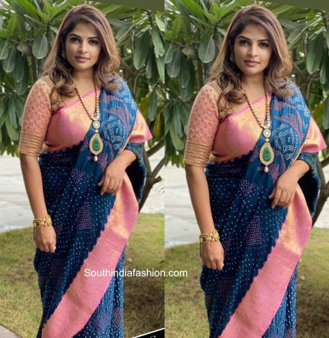 Viranica Manchu Saris, Badhni Design Saree, Viranica Manchu Jewellery, Bandhani Silk Saree, Bandhini Saree Blouse Designs, Bandhini Saree Blouse Patterns, Bandhej Saree Blouse Design, Bandhani Saree Blouse Designs Latest, Bandini Saree Blouse Designs