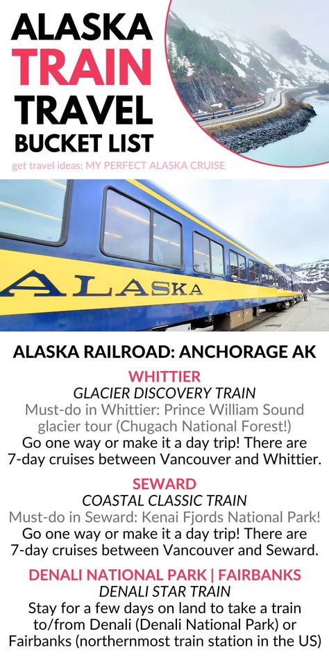 US travel. Visit the blog for cruise and train travel ideas! alaska train trips. alaska railroad. tours. scenic ride. excursion. itinerary. vacation. cruisetour. excursions. tour. alaska train. anchorage alaska things to do. denali national park. fairbanks ak. interior alaska. seward alaska. kenai fjords national park. alaska national parks. train travel in the us. united states. us travel destinations. alaska cruise tips. alaska travel tips. places to travel. train aesthetic. north america. Alaska Seward, Alaska Train, Alaska Cruise Excursions, Alaska Cruise Tips, Train Aesthetic, Alaska National Parks, Train Trips, Alaska Railroad, Seward Alaska