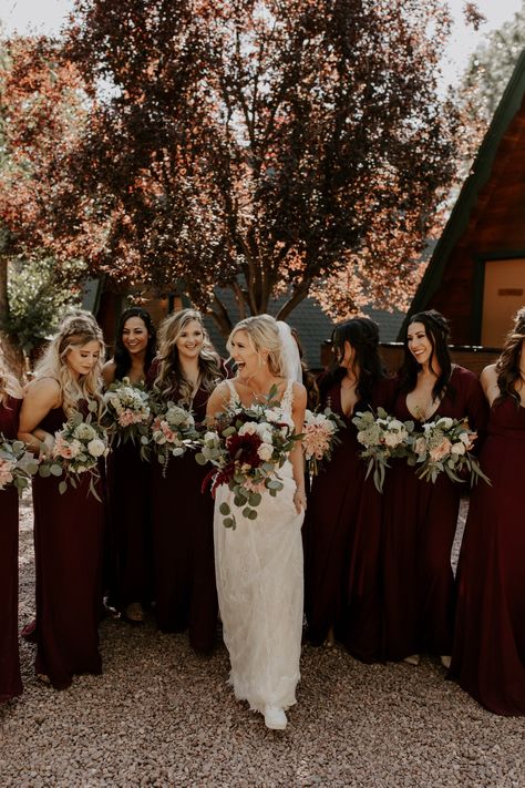 Fall Bridesmaid Dresses Burgundy Color Palettes, Black Bridesmaid Dresses With Maroon Flowers, Maroon Wedding Party Attire, Maroon And Taupe Wedding, Maroon And Eucalyptus Wedding, Burgundy Bridesmaids Dress, Dark Maroon Wedding Theme, Maroon And Forest Green Wedding, Maroon And Sage Green Wedding