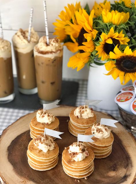 Iced Pumpkin Spice Coffee and Pancake Brunch | Domestikatedlife - Boston Blogger Fall Brunch Decorations, Brunch Display, Holiday Baking Cookies, Pancake Brunch, Fall Sleepover, Pumpkin Patch Birthday, Pancake Party, Flavored Pancakes, Baby Brunch