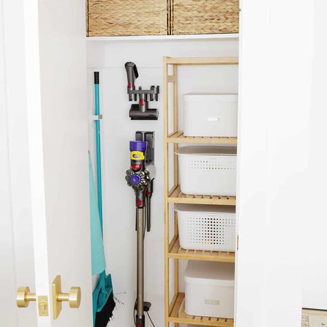 Broom Closet Organizer, Hall Closet Organization, Organize A Closet, Stackable Shelves, Utility Closet, Hallway Closet, Broom Closet, White Closet, Laundry Room Closet