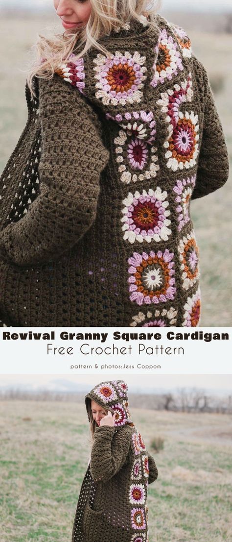 Revival Granny Square Cardigan Revival Cardigan Crochet, Crochet Granny Square Hooded Cardigan, Granny Square Coat Pattern Free, Granny Square Crochet Sweaters, Crochet Housecoat Free Pattern, Crochet Granny Square Cardigan Free, Granny Square Hoodie Pattern Free, Crochet Granny Square Cardigan Pattern Free Easy Simple, Granny Square Cardigan Pattern Free Crochet Jacket