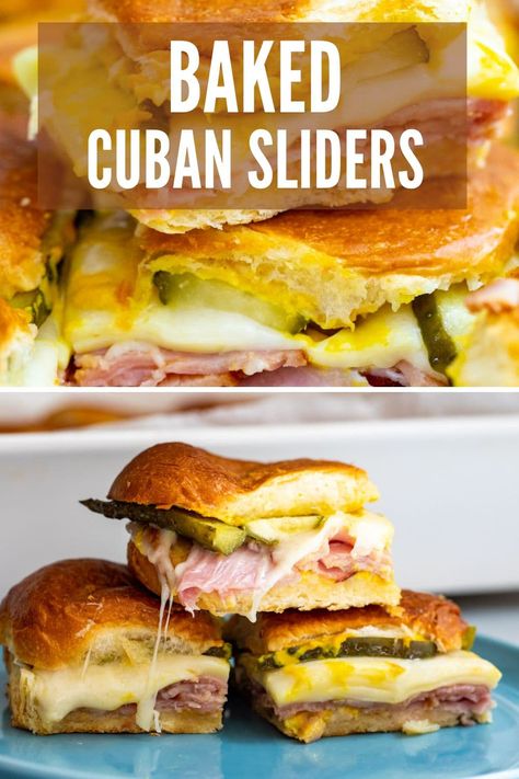 These Baked Cuban Sliders are stuffed with ham, pickles, swiss cheese, and mustard and lightly pressed while they bake. So delicious! #sliders #cuban #Sandwich #appetizer Grilled Cuban Sandwich, Mini Cuban Sandwiches, Cuban Sliders Recipes, Cuban Sliders Hawaiian Rolls, Cubano Sliders, Cuban Mojo Sauce, Cuban Sandwich Sliders, Sandwich Appetizer, Cuban Sandwich Recipe