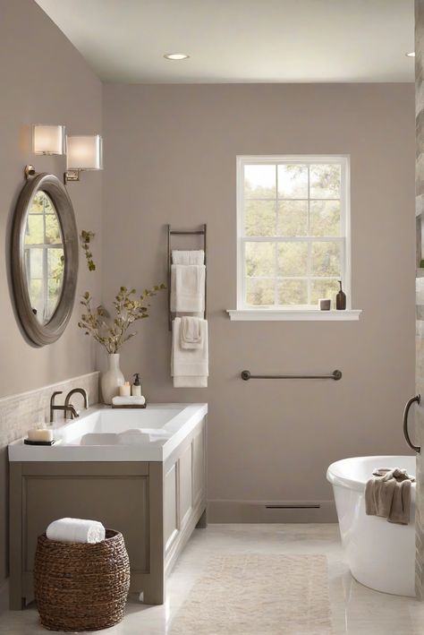 Step into a serene oasis with the perfect blend of Smokey Taupe 983 and Taupe Tranquility - your bathroom deserves the 2024 charm upgrade! #Ad #homedecor #homedesign #bathroom #Painthome interiorarchitecture best Wall Colors for Bathroom Colors Bright Room Colors best colors combinations bathroom bathroom Remodeling Modern Paint Colors 2024 Farmhouse Bathroom Colours, Smokey Paint Colors, Light Brown Bathroom Walls, Neutral Bathroom Wall Colors, Medium Taupe Paint Colors, Gray Bathroom Vanity Wall Color Ideas, Modern Bathroom Paint Ideas, Brown Bathroom Ideas Color Combos, Sw Analytical Gray