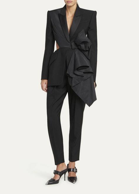 Cutout Blazer, Black Alexander Mcqueen, Womenswear Fashion, Denim Blazer, Vintage Blazer, Denim Details, Notched Collar, Black Blazers, Bow Detail