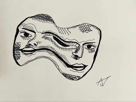 Two Faced Sketch, Melting Faces Drawings, Two Faces Melting Together Art, Face Split Art, Faces Melting Together Art, Face Split Tattoo, Stretched Face Art, Blurred Face Tattoo, Distorted Face Tattoo