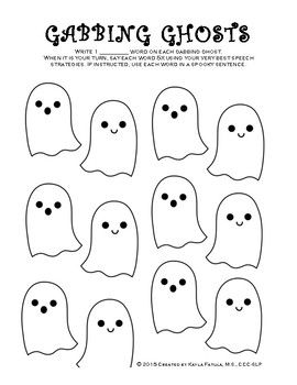 Have your students write target words on each ghost and follow the directions for producing them at the sound and sentence levels. Can be used as a language activity as well. Macaroon Template, Black Cat Skeleton, Autumn Ghost, Ghost Template, Royal Icing Templates, Macaron Template, Imprimibles Halloween, Spider Pumpkin, Vampire Witch