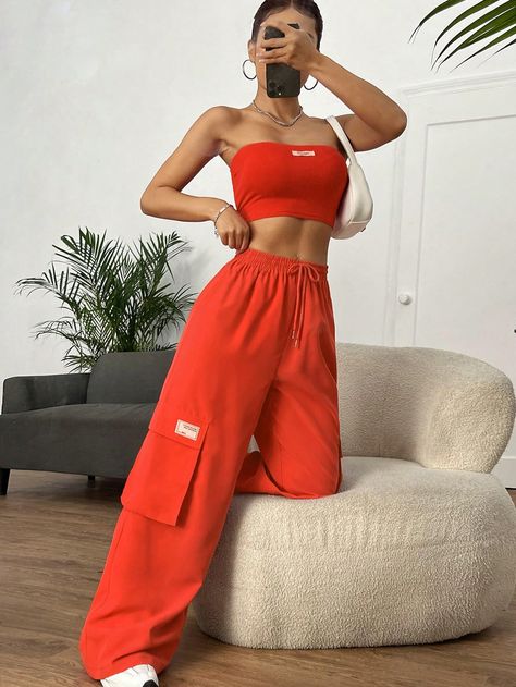 Orange Casual Collar Sleeveless  Letter  Embellished Non-Stretch  Women Clothing Aesthetic Outfits Sweatpants, Orange Outfit Aesthetic, Summer Sweatpants, Outfit Sweatpants, Orange Outfits, Outfit Sporty, Orange Fits, Orange Outfit, Practice Outfits