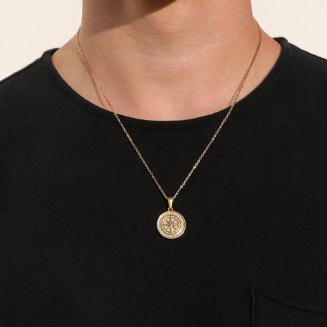 Sun Necklace Men, Men’s Gold Pendant, Men’s Gold Chain Pendent, Gold Stainless Steel Compass Necklace, Mens Gold Sun Pendant, Gold Compass Necklace, Compass Necklace Silver, 20 Inch Necklace, Gold Cuban Link Chain