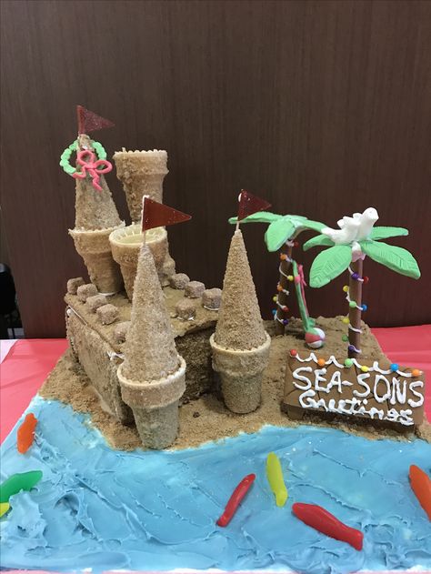 Sandcastle Gingerbread House Ocean Gingerbread House, Gingerbread Sandcastle, Beach Theme Gingerbread House, Beach Themed Gingerbread House, Summer Gingerbread House, Beach Gingerbread House Ideas, Beach Gingerbread House, Gingerbread Beach House, Cousin Sleepover