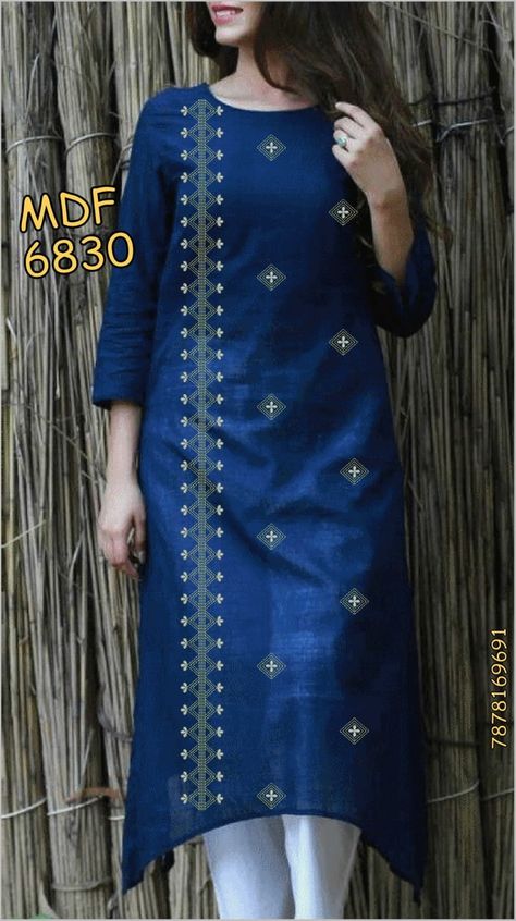 Kantha Work Kurti Designs, Katha Stitch Kurti Design, Kantha Stitch Kurti Designs, Stylish Kurtis Design Cotton, Simple Hand Embroidery Designs For Kurti, Hand Embroidery Designs For Kurti, Embroidery Designs For Kurtis, Katha Design, Cotton Kurties