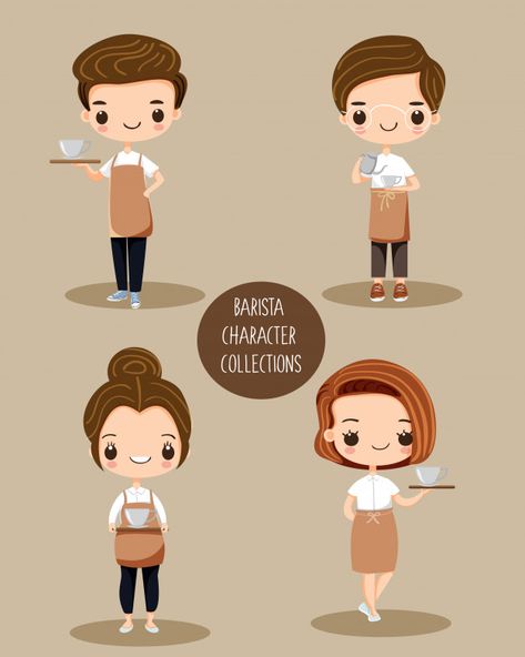 Cute barista cartoon character set Premium Vector Barista Cartoon, Cafe Cartoon, Create Cartoon Character, Wedding Invitations Card, Character Activities, Coffee Shop Logo Design, Coffee Restaurant, Cute Bride, Loyalty Card Template