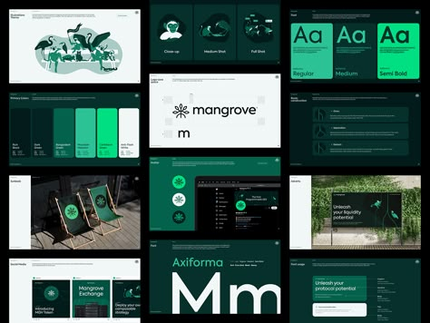 Mangrove: Brand Guidelines by Paulina Szczepanek for Properly on Dribbble Green Visual Identity, Branding Presentation Design, Brand Presentation Design, Green Presentation, Brand Identity Kit, Brand Guidelines Book, Branding Infographic, Pitch Deck Design, Brand Guidelines Design