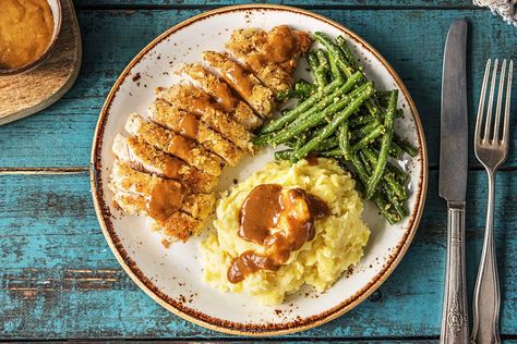 Turkey Milanese with Pesto Green Beans Recipe | HelloFresh Turkey Scallopini, Milanese Recipe, Hellofresh Recipes, Whole Meals, Creamy Potatoes, Fresh Turkey, Chefs Plate, Food Easy Recipes, Hello Fresh Recipes