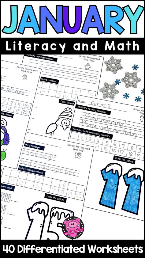 Start the new year right with Differentiated January Kindergarten Literacy & Math Morning Worksheets! These winter-themed worksheets offer daily practice in tracing, writing, reading, counting, tally marks, and sight word review. Morning Worksheets, January Math Centers, Sight Word Review, Winter Science Activities, January Kindergarten, January Math, Morning Bins, Morning Work Activities, Kindergarten Morning Work