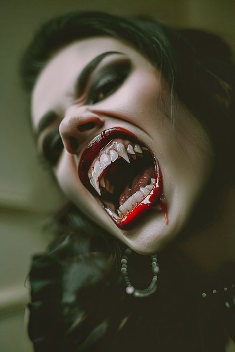 Creepy Woman, Vampire Portrait, Vampire Mouth, Vampire Women, Vampire Pictures, Evil Tattoos, Female Vampire, Dragon Artwork Fantasy, Vampire Teeth