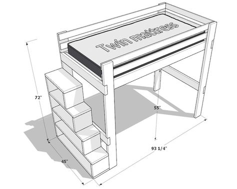 PDF Download, DIY Twin Mattress Loft Bed With Stairs Plan, Loft Bed Build Guide, Step by Step Instructions, Storage Bed Plan, Loft Bed - Etsy Stairs Plan, Loft Bed With Stairs, Bunk Beds Small Room, Build A Loft Bed, Bed With Stairs, Stair Plan, Ideas Habitaciones, Loft Bed Plans, Diy Loft Bed