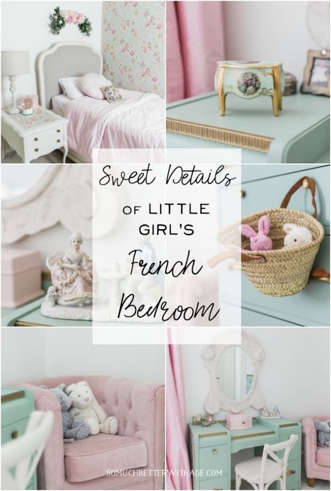 Sweet details of a little girls french bedroom French Inspired Girls Bedroom, Girls French Bedroom, French Provincial Girls Bedroom, Garden Themed Bedroom, Blue Girls Rooms, Narrow Living, Diy French Country Decor, Boho Girls Room, French Room