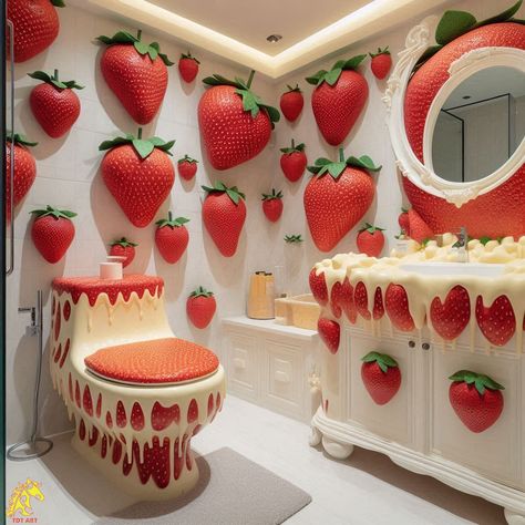 Strawberry-Inspired Bathroom Crazy Bathrooms, Dream Bedroom Inspiration, Childrens Bathroom, Toilet Art, Burst Of Color, Crazy House, Pink Room Decor, Teenage Room, Home Makeover