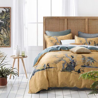 Asian-inspired vintage print duvet cover set. A unique combination of exotic botanical prints in calm muted shades that will transform your bedroom into a serene tropical oasis with a modern feel. | Bungalow Rose Chinoiserie Nature Intricate Fauna Bird Duvet Cover Set blue | Home Decor | C004709138 | Wayfair Canada Boho Bedroom Theme, Open Kitchen Partition Ideas, Kitchen Partition Ideas, Asian Inspired Bedroom, Asian Bedroom Decor, Teal Duvet, Sweety Pie, Lodge Bedroom, City Ideas