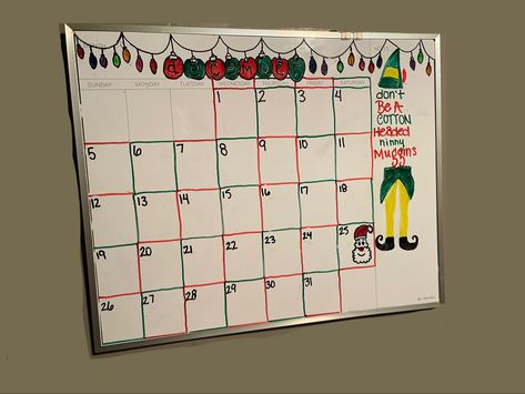 Large Dry Erase Board with Bullet Journal Style Calendar with Buddy the Elf as the Theme for the month of December! December White Board Calendar, Christmas Whiteboard Calendar Ideas, December Calendar 2023 Whiteboard, December Dry Erase Calendar Ideas, December Whiteboard Ideas, December Whiteboard Calendar, September Whiteboard Calendar, Christmas Dry Erase Board Ideas, September Dry Erase Calendar Ideas