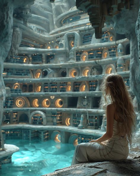 In the submerged caverns of New Atlantis, Sirena gazed upon the Aquatic Terraces, humanity’s last refuge. As the principal architect, her vision had given rise to these bio-luminescent chambers, harnessing the power of water to sustain life. Each terrace thrummed with the energy of hydrocores, beating like hearts beneath the sea. Orphaned by the rising tides, Sirena had vowed to create a haven for the survivors. Her hair, the color of sunlit reefs, was a reminder of the world above, now a my... Lost City Of Atlantis Aesthetic, Skin Of The Sea, Mermaid City, Atlantis Aesthetic, Atlantis Art, Kingdom Of Atlantis, Mermaid Island, Water City, Scifi Artwork