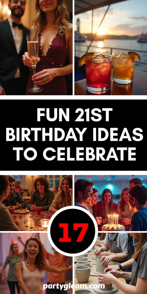 17 unforgettable 21st birthday party ideas that will make your special day a blast! From a fancy dinner to a vibrant boat ride, this list covers it all. Join a lively dance class or unleash your artistic side with a pottery masterpiece night. Want something chill? Gather friends for a cozy board game night or an exciting bowling outing. These creative ideas ensure your 21st birthday is full of fun, laughter, and great memories. Don't miss these awesome suggestions to ignite your celebrations! 21st Birthday Ideas Family Friendly, Birthday Outing Ideas, 21st Birthday Ideas For Guys, 21st Birthday Party Ideas, 21st Birthday Games, 21st Birthday Boy, Ferrari Party, Fall Birthday Cakes, 21st Birthday Ideas