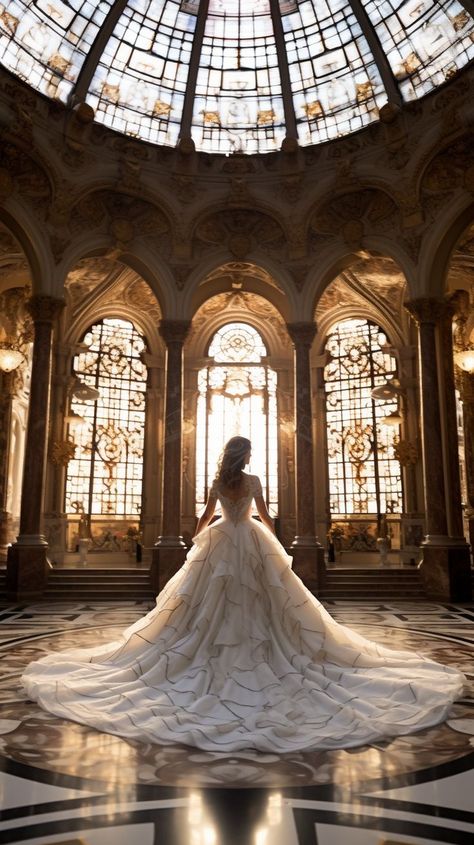 Back view of a woman in a grand princess gown standing before the vast windows of a sunlit cathedral interior. Dark Cathedral, Grand Cathedral, Cathedral Wedding, Princess Gown, Young Woman, Glass, White