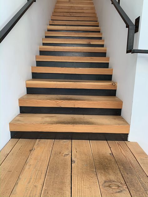 Rustic Stairs Wood, Pine Staircase Ideas, Wood Stairs With Black Risers, Wood Look Tile Stairs, Modern Stairs Ideas, Stairs Decor Ideas, Small Stairs, Stairs Storage Ideas, Stairs Makeover Ideas