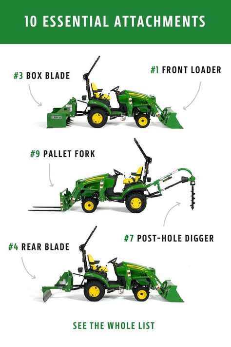 Discover the top 10 implements for the most common jobs. Small Tractors For Sale, Compact Tractors For Sale, John Deere Attachments, Compact Tractor Attachments, John Deere Garden Tractors, Atv Implements, Garden Tractor Attachments, Yard Tractors, Tractor Cabs