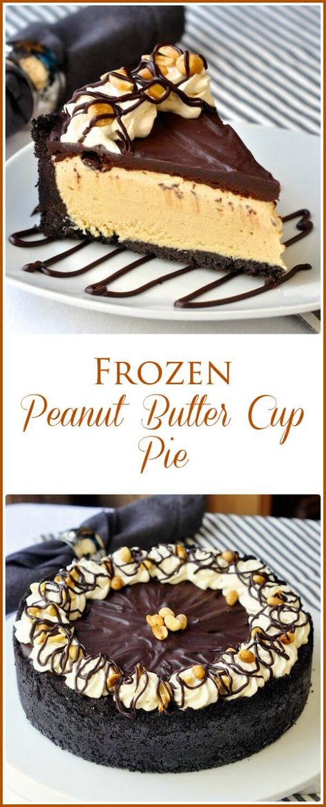 Frozen Peanut Butter Cup Pie. A luscious creamy frozen peanut butter cup pie that's easy to make without an ice cream maker. Frozen Peanut Butter Pie, Party Food Easy, Peanut Butter Cup Pie, Cup Pie, Frozen Peanut Butter, Rock Recipes, Frozen Dessert Recipe, Frozen Pie, Make Ahead Desserts