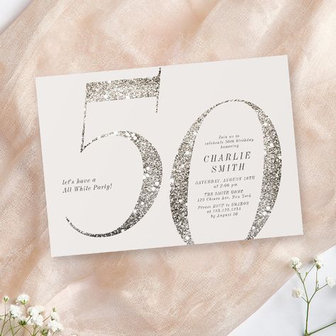 Modern minimalist all white party 50th birthday invitation All White Birthday Party, 65th Birthday Invitations, Milestone Birthday Invitations, White Birthday Party, 50th Birthday Invitation, Surprise Birthday Invitations, 50th Birthday Party Invitations, 55th Birthday, 60th Birthday Invitations