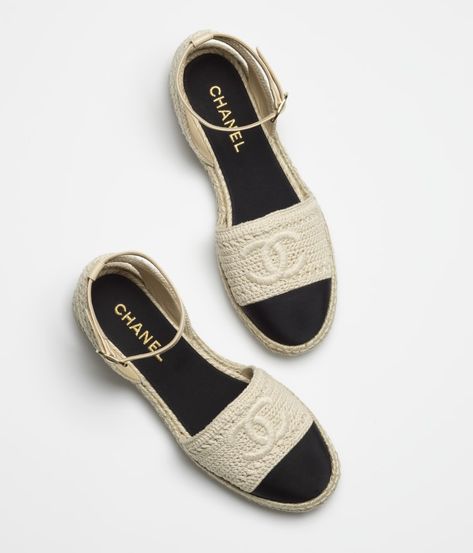 Espadrilles, embroidery & grosgrain, beige & black - CHANEL Chanel Wedges, Official Shoes, Chanel Espadrilles, Moda Chanel, Mode Chanel, Espadrilles Shoes, Chanel Store, 2022 Ss, Lace Up Espadrilles