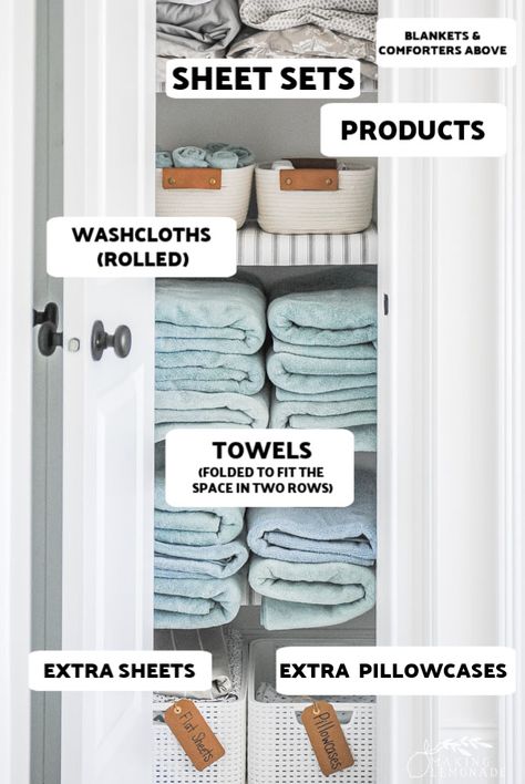 Linen Closet Organization Towels, Small Linen Closet Bathroom Master Bath, Organized Towel Closet, Linen Organization Ideas Small Spaces, Organizing A Linen Closet, How To Organize Your Towel Closet, Very Small Linen Closet Organization, Small Closet Storage Ideas Organizing, Linen Cabinet In Laundry Room