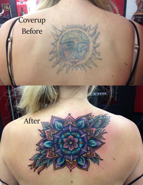 Mandala Cover Up Tattoo, Big Cover Up Tattoos, Tatuaje Cover Up, Watercolor Tattoo Ideas, Cover Up Tattoos For Women, Best Cover Up Tattoos, Memories Ideas, Upper Back Tattoos, Up Tattoo