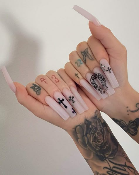 Cross Nail Designs, Clear Nail Tips, Cross Nails, Heart Nail Designs, Curved Nails, Clear Nail, Grunge Nails, Long Square Acrylic Nails, Unique Acrylic Nails