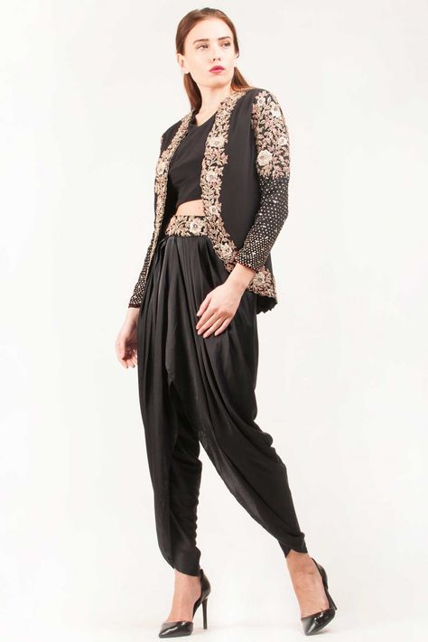 SEEMA THUKRAL Black crop top and dhoti with jacket Dhoti Crop Top Jacket, Dhoti With Jacket, Seema Thukral, Special Outfits, Classy Jumpsuit, Crop Top Jacket, Crop Top Designs, Dhoti Pants, Indo Western Dress