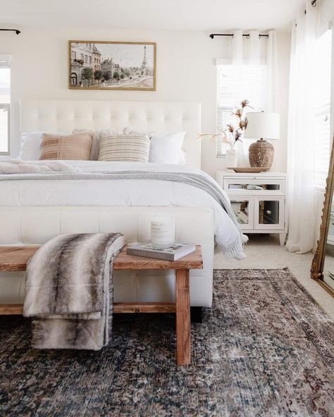 20 Awesome Farmhouse Master Bedroom Ideas Bedroom Rug Ideas, Modern Bedroom Rug, Dresser Decor Bedroom, Bedroom Inspirations Master, Farmhouse Bedroom Decor Ideas, Rugs Direct, Simple Bedroom Decor, Modern Farmhouse Bedroom, Blue Bedroom Decor