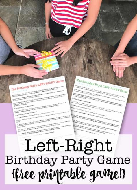 This is a fun kids party game that keeps everyone involved, and celebrates the birthday boy or girl in a totally unique way! It's the “pass the present” game known as the Left-Right Birthday Party Game! And I've created a free printable that you can download to play!  #LeftRightGame #PartyGames #KidsPartyGames #FreePrintable Easy Kids Party Games, Bday Activities, Pass The Present Game, Fun Kids Party Games, Kids Birthday Party Activities, Birthday Party Game, Birthday Party Games For Kids, Holiday Party Games, Birthday Themes For Boys