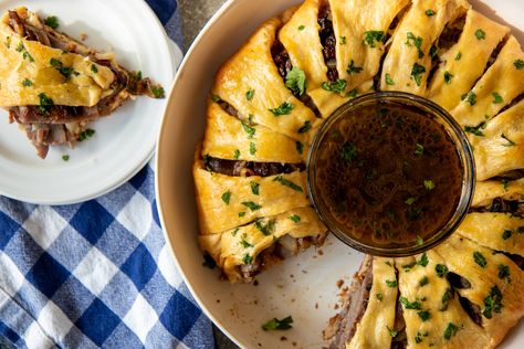 French Dip Crescent Ring — Baking with Josh & Ange Sandwich Ring, Au Jus Sauce, French Dip Crescents, Jus Sauce, Banana Bread Brownies, Cheese Crescent Rolls, Crescent Ring, French Dip Sandwich, Vegan Banana Bread