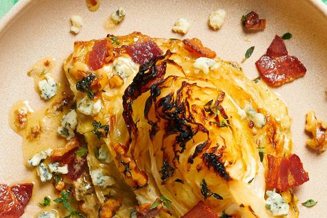 Tender roasted cabbage topped with bacon, blue cheese, and herb-infused nuts �— what's not to love? Charred Cabbage, Roasted Side Dishes, Best Cabbage Recipe, Cabbage Skillet, Creamed Leeks, Roasted Cabbage, Crunchy Salad, Cabbage And Bacon, Cabbage Recipes