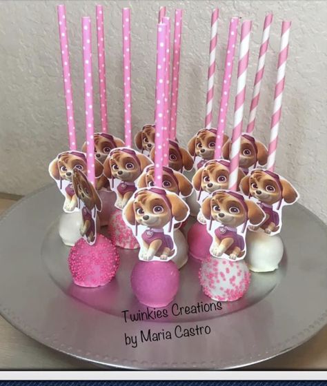 Paw Patrol Cake Girly Sky, Paw Patrol Cakepops, Skye Birthday Party Paw Patrol, Paw Patrol Cake Pops, Paw Patrol Birthday Party Cake, Decorated Pretzels, Skye Birthday Party, Girl Birthday Cupcakes, Paw Patrol Cupcakes