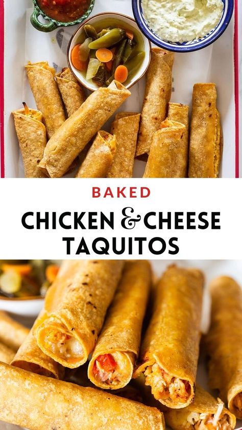 Chicken And Cheese Taquitos, Chicken Taquitos Baked, Taquitos Dorados, Air Fryer Taquitos, Baked Corn Tortillas, Cheese Taquitos, Baked Chicken Taquitos, Flavored Chicken, Baked Taquitos