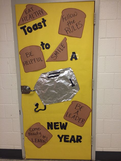 Toast To A New Year Bulletin Board, New Years Classroom Bulletin Boards, Happy New Year Classroom Door Ideas, Christmas Cafeteria Decorations, New Year Board Ideas, New Years Classroom Decorations, Happy New Year Door Decorations, New Years Door Decorations, New Year Door Decorations Classroom